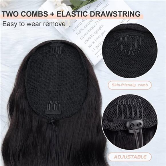 Drawstring Ponytail Extension Long Body Wavy Black Ponytail Extension for Women - Picture 3 of 7